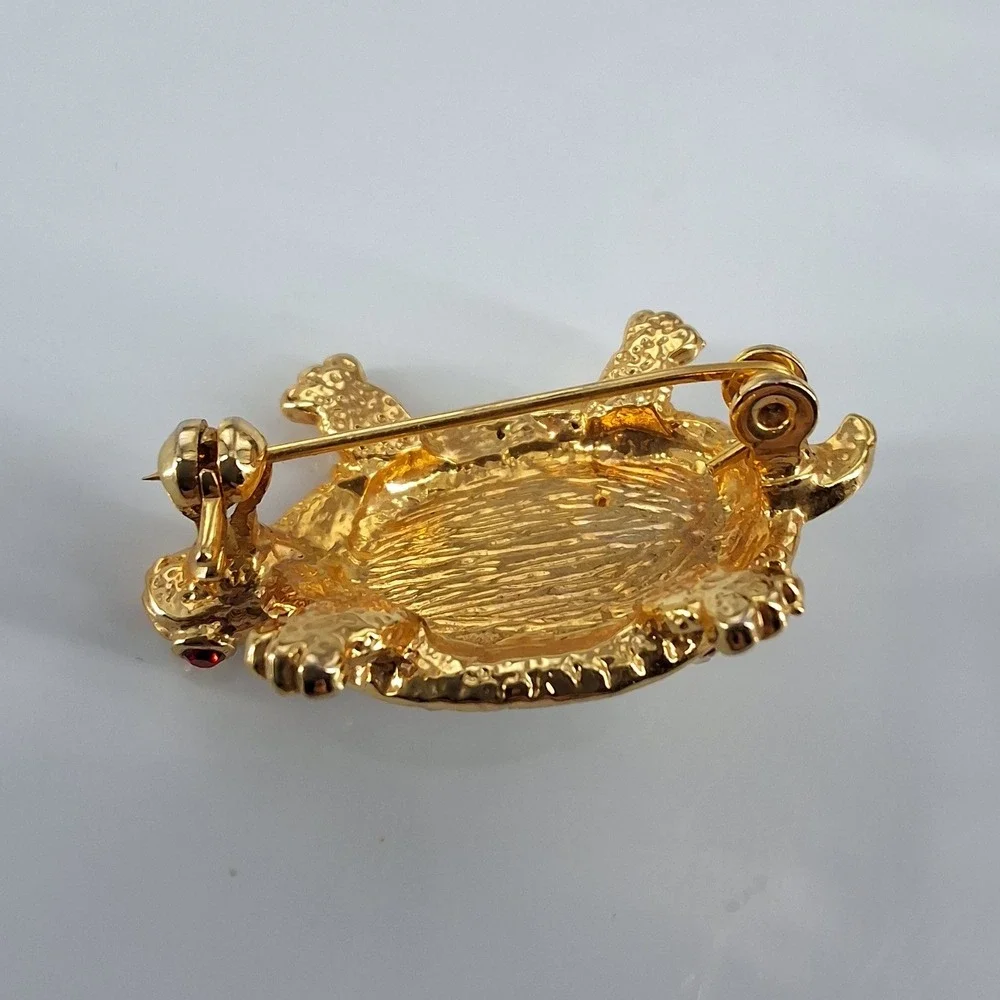 Vintage Gold Tone Turtle Brooch Faux Pearl‎ Rhinestone Shell Red Eyes Pin